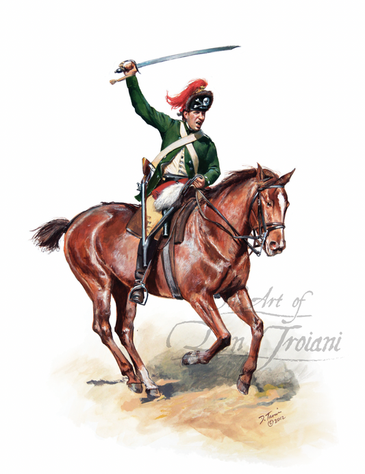 British 17th Light Dragoon Private. Artistic depiction of a soldier on horseback with a sword, on a white background.