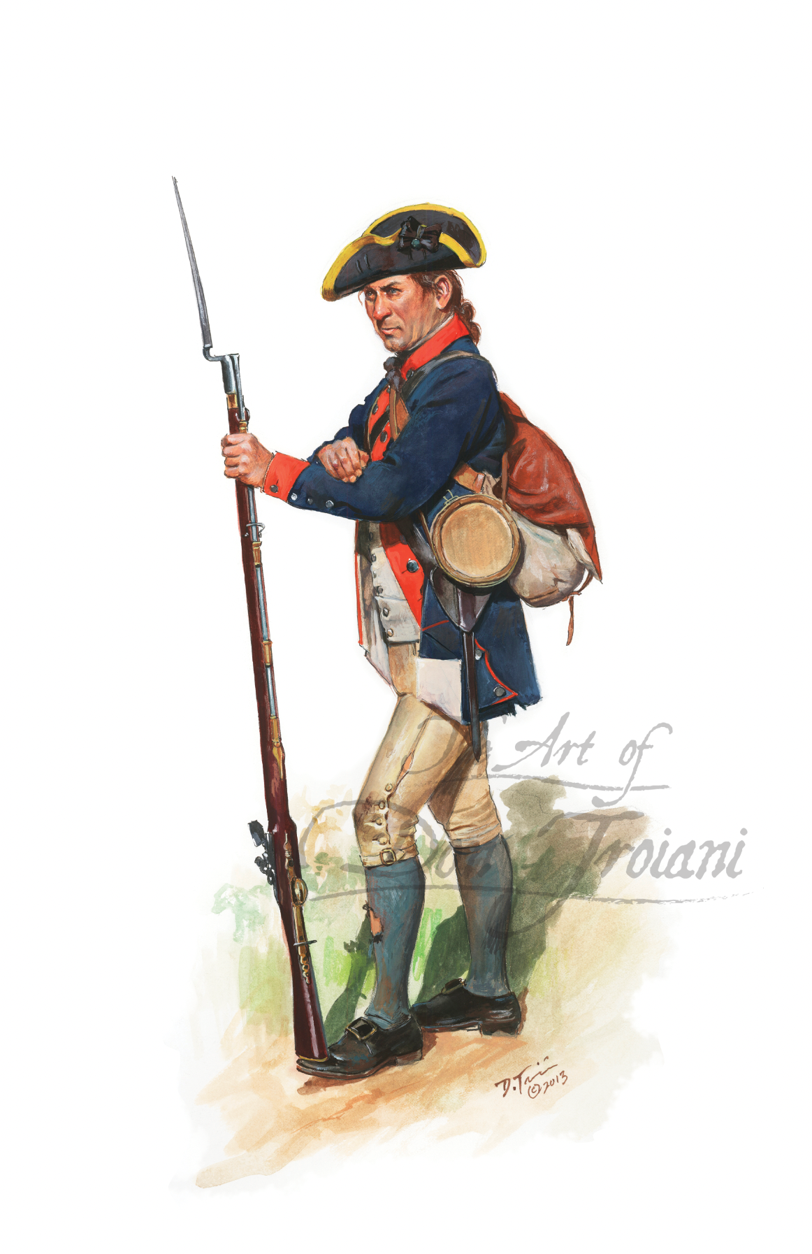 Pennsylvania State Regiment Private. Artistic depiction of a colonial soldier holding a rifle on a white background