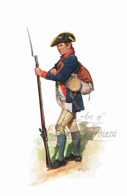 Pennsylvania State Regiment Private. Artistic depiction of a colonial soldier holding a rifle on a white background