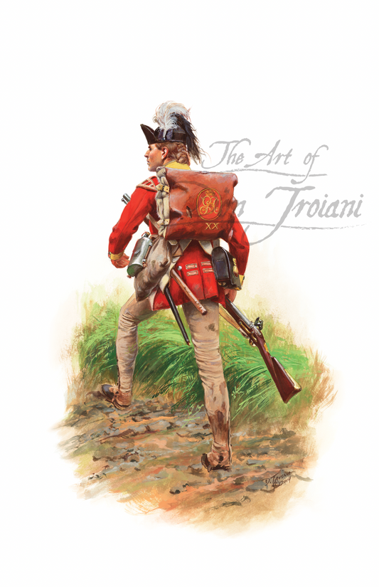 Artistic depiction of a soldier in red uniform with a rifle, standing on a grassy path. The artist's name 'The Art of Don Troiani' is visible.