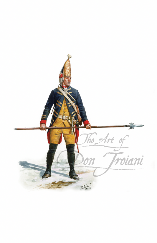 Sergeant Of The Hessian Grenadier. Artistic depiction of a soldier in historical uniform with a spear.