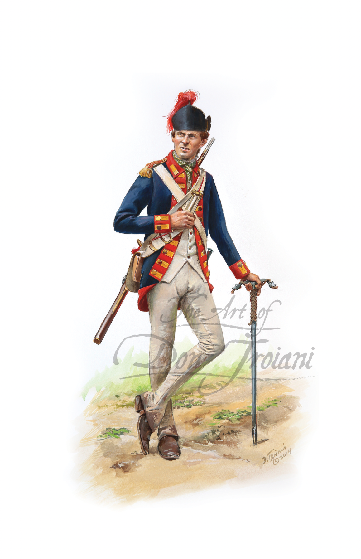 Royal Artillery Bombardier. Illustration of a historical soldier in uniform with a rifle and hat, standing on a grassy field.