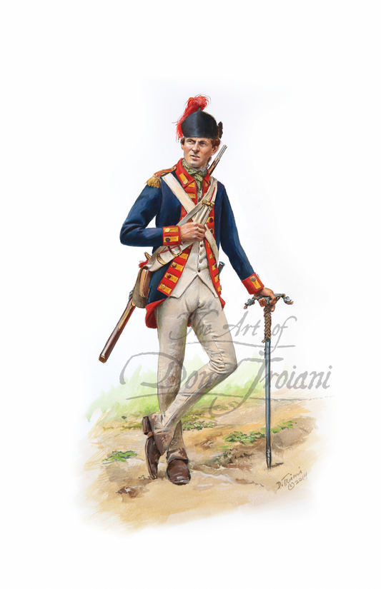 Royal Artillery Bombardier. Illustration of a historical soldier in uniform with a rifle and hat, standing on a grassy field.