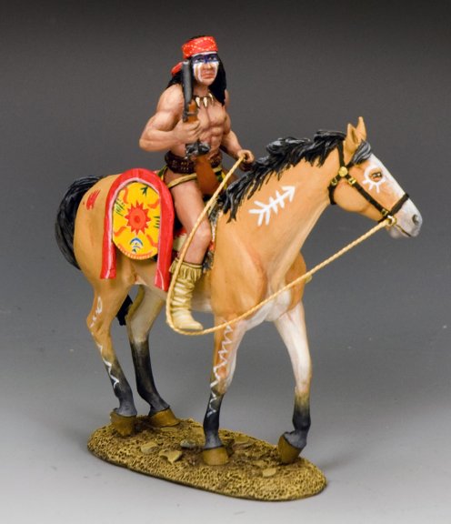 Figurine of a Native American on horseback with a gray background