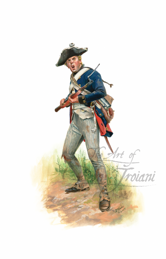 Brunswick Light Infantry Battalion. Illustration of a colonial soldier with a rifle on a white background.