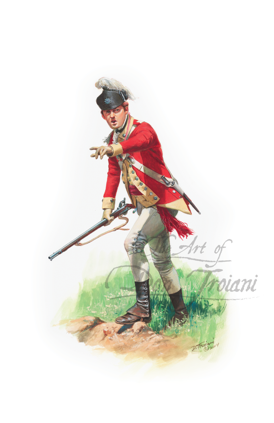 Artistic depiction of a soldier in colonial American uniform with a rifle.