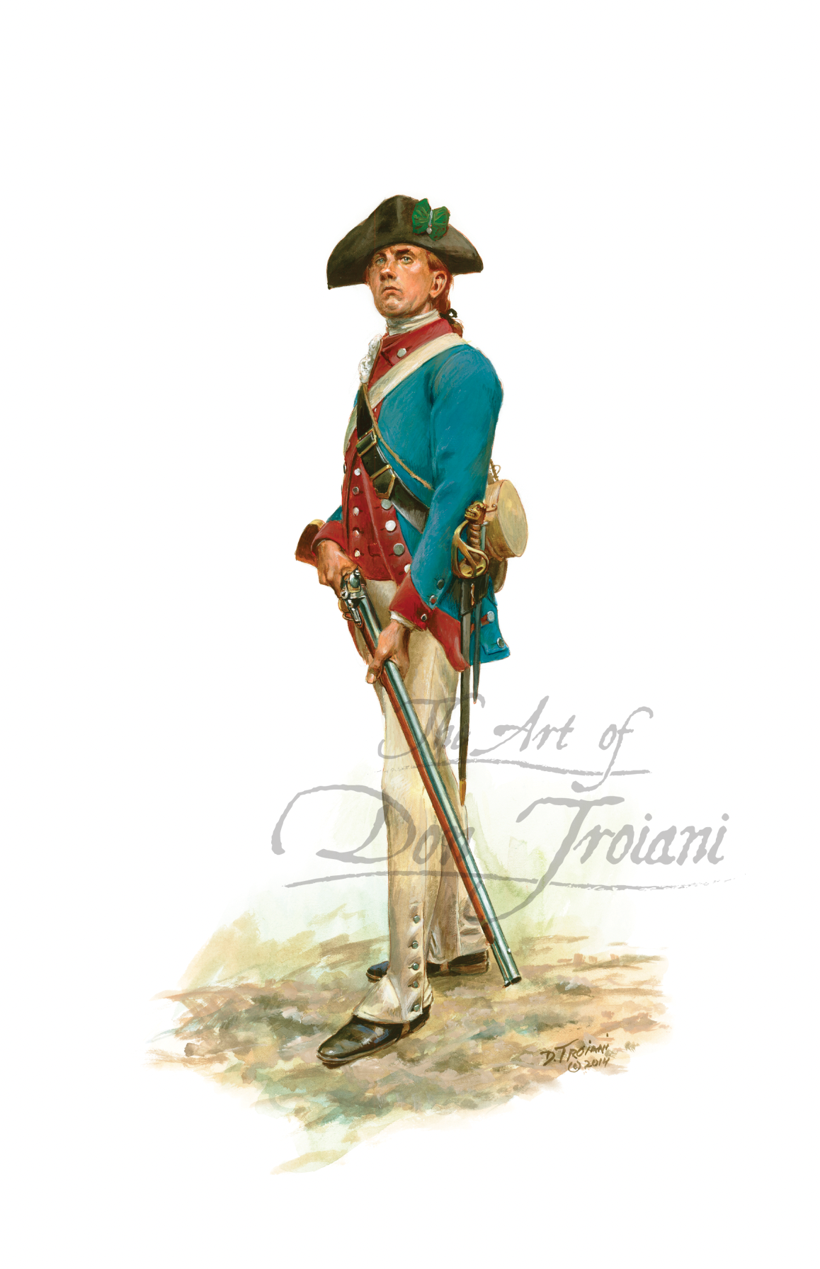 Officer of the 2nd New Hampshire Artistic depiction of a soldier in historical military uniform holding a rifle on a white background.