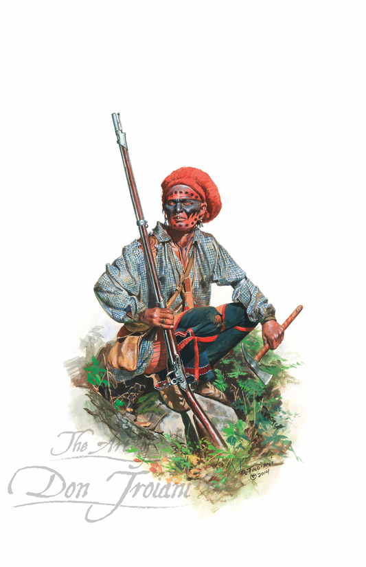 Oneida Warrior. Illustration of a Native American figure holding a rifle on a white background