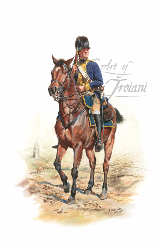 Von Heer's Provost Dragoons. Painting of a soldier on horseback.