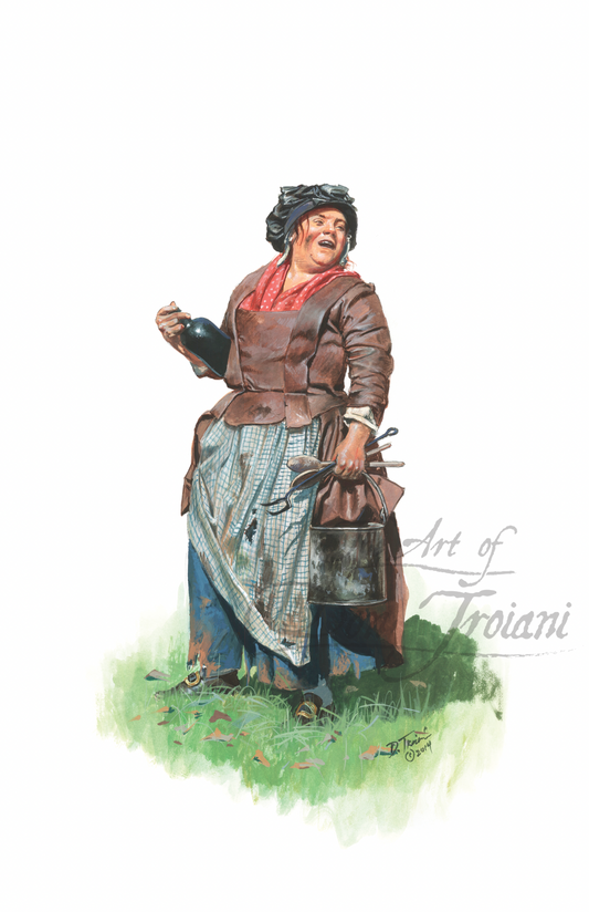 Colonial Camp Follower, American Revolution Illustration of a woman in period clothing with a white background