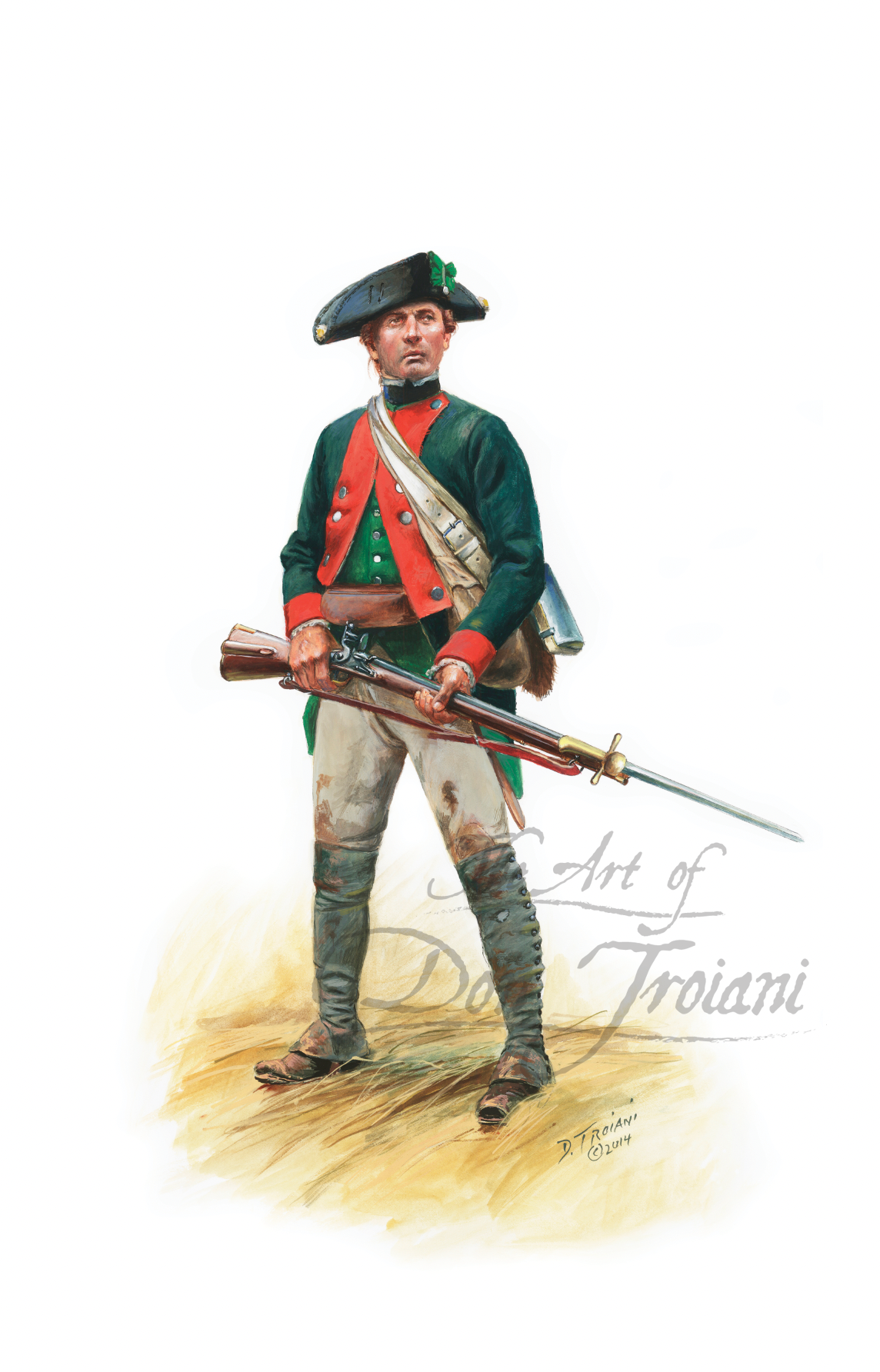Brunswick Jaeger Saratoga. Artistic depiction of a soldier in historical uniform holding a rifle on a white background.
