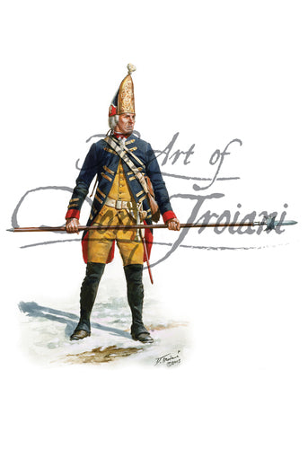 Don Troiani wall art print Sergeant of the Hessian Grenadier Regiment, Rall, Trenton, 1776. Soldier is wearing blue and gold.