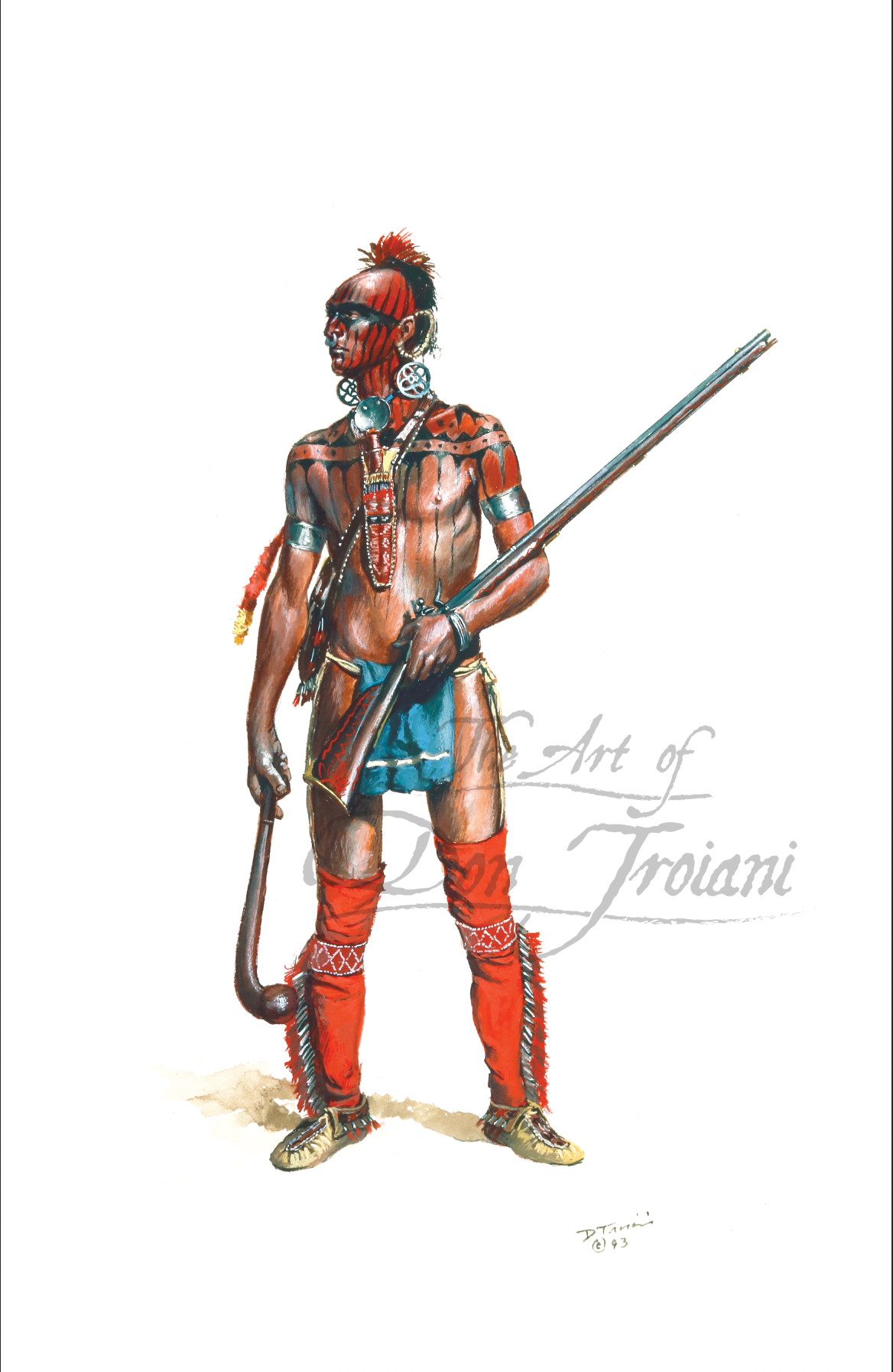 Illustration of a warrior in traditional attire with spears, featuring the artist's signature.