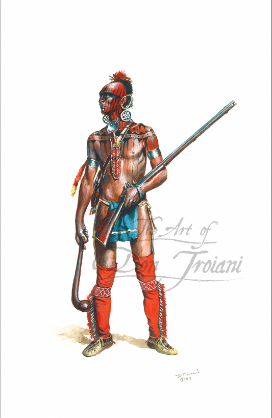 Illustration of a warrior in traditional attire with spears, featuring the artist's signature.