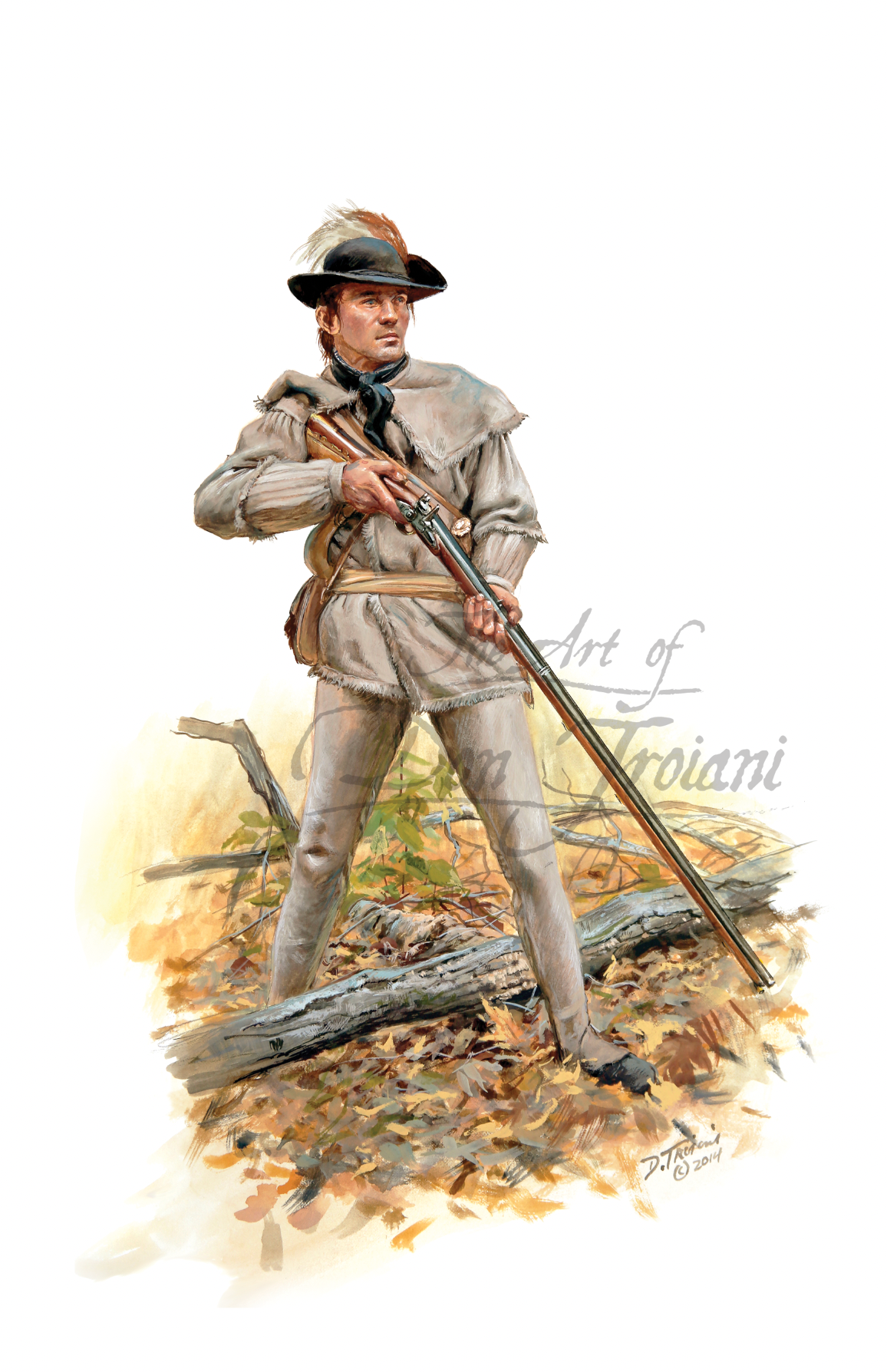 Morgan’s Rifle Corps. Illustration of a historical figure holding a rifle in a natural setting.