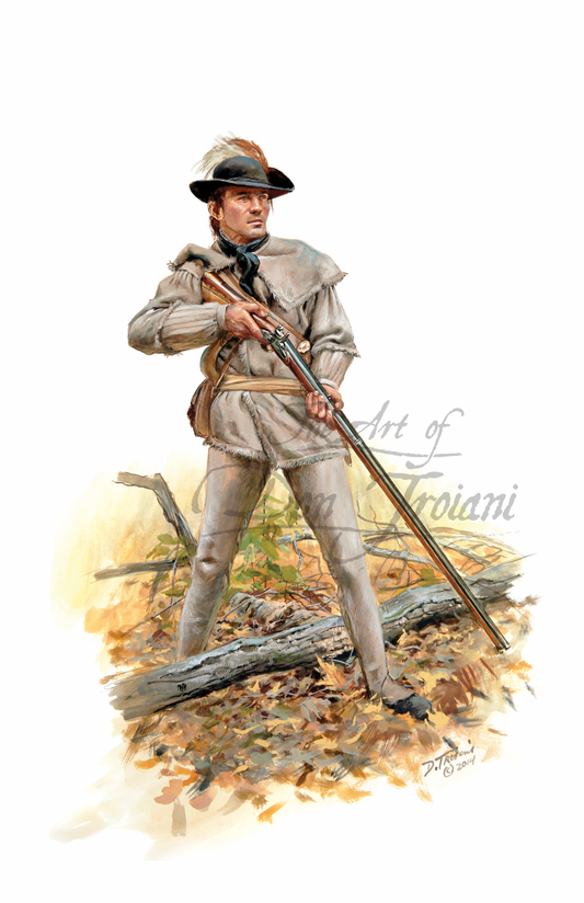 Morgan’s Rifle Corps. Illustration of a historical figure holding a rifle in a natural setting.