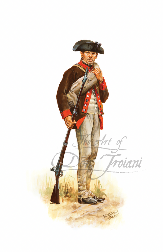 12th Massachusetts Regiment Private. Illustration of a colonial soldier holding a rifle on a white background
