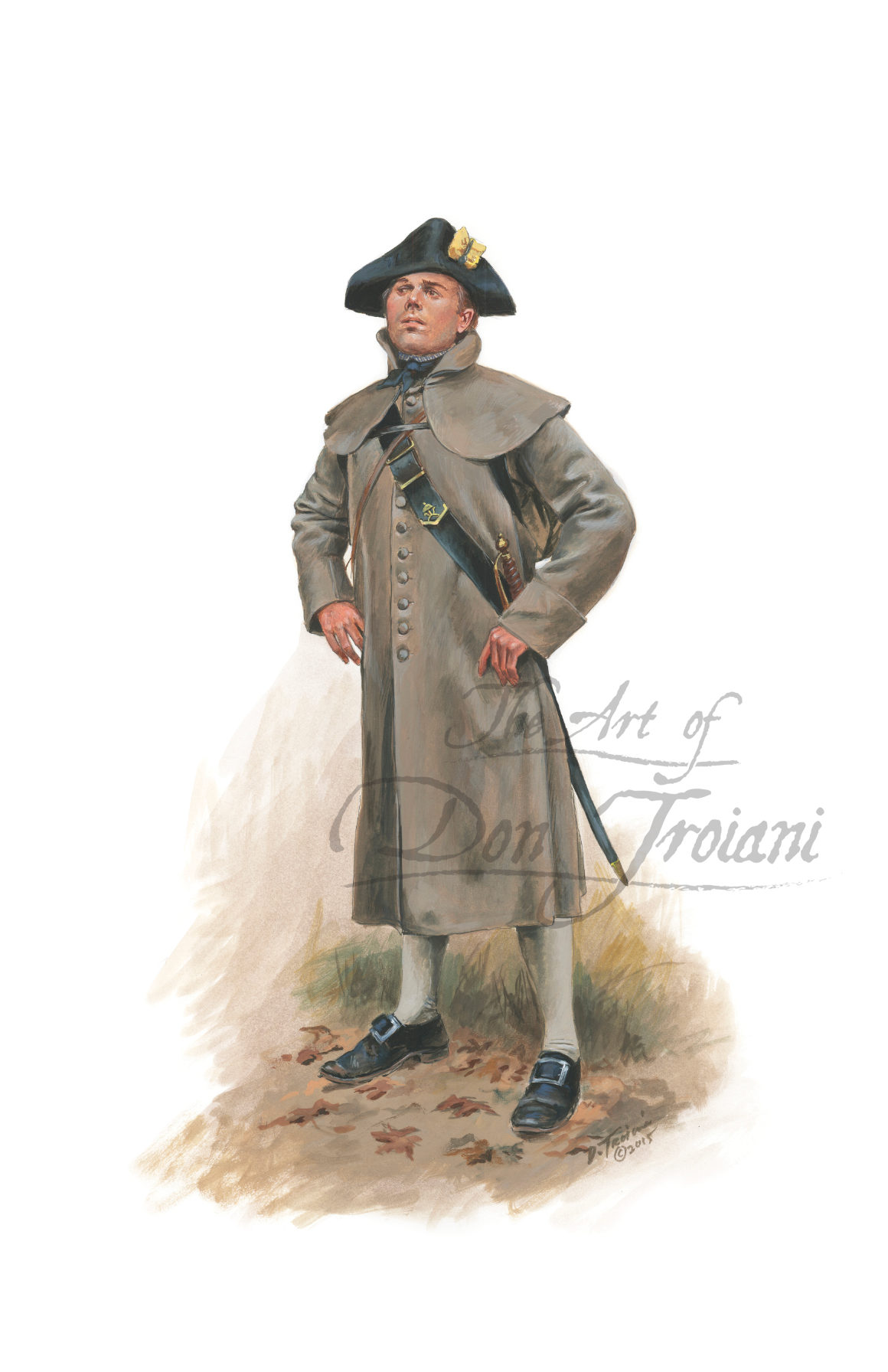 Officer of the 5th Massachusetts. Illustration of a historical figure in a long coat and hat, with 'Art of Don Troiani' branding.