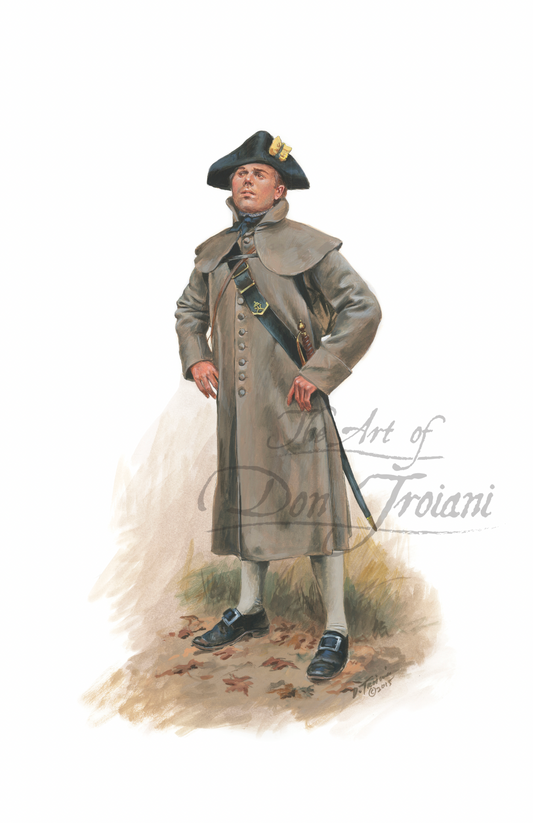 Officer of the 5th Massachusetts. Illustration of a historical figure in a long coat and hat, with 'Art of Don Troiani' branding.