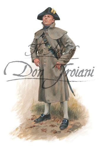 Don Troiani wall art print Officer of the 5th Massachusetts Regiment. Officer is wearing a grey tench coat.