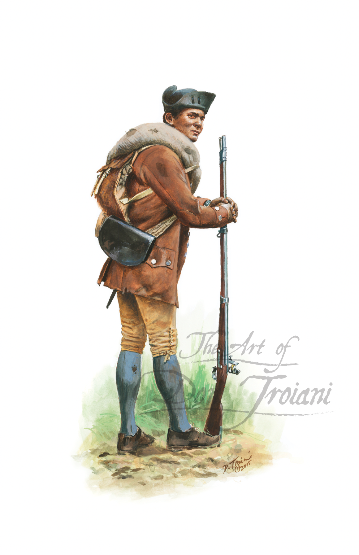 African American Militiaman. Illustration of a soldier in historical military uniform holding a rifle.