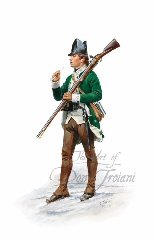 Artistic depiction of a colonial soldier in green coat and brown pants holding a rifle.