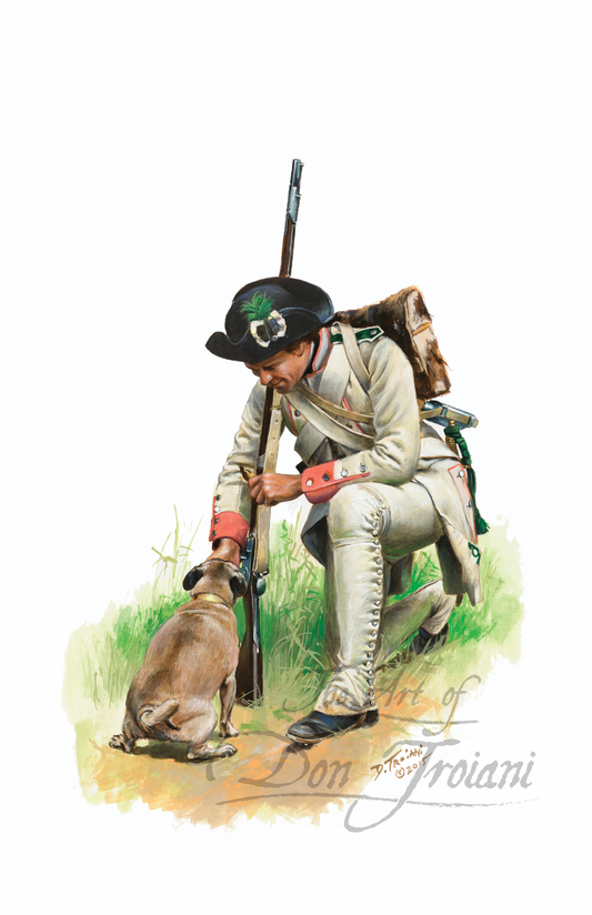 Touraine Regiment. Artistic depiction of a soldier with a rifle and dog, sitting on the ground.