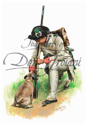 Don Troiani wall art print French Army Touraine Regiment. Soldier is kneeling with dog. Soldier is armed with musket.
