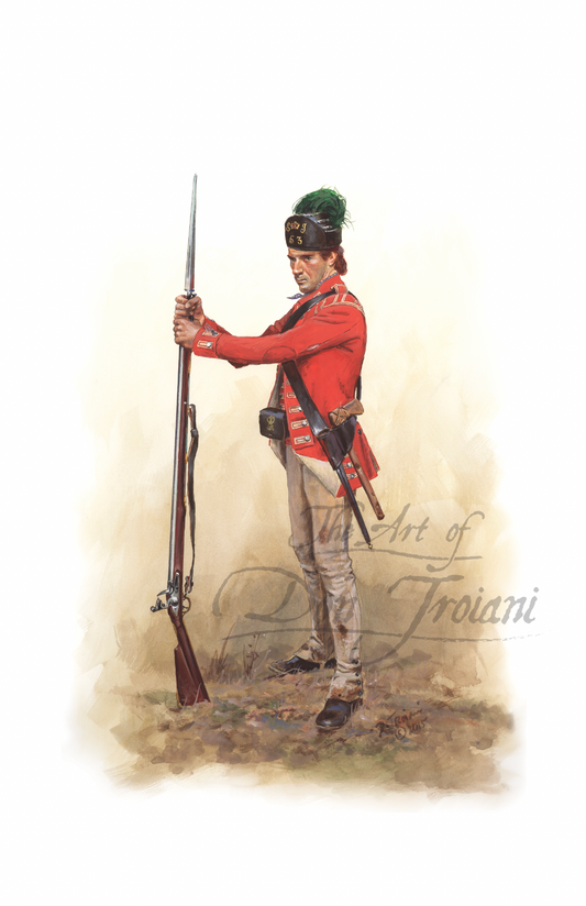 Painting of a soldier in red uniform holding a rifle on a white background