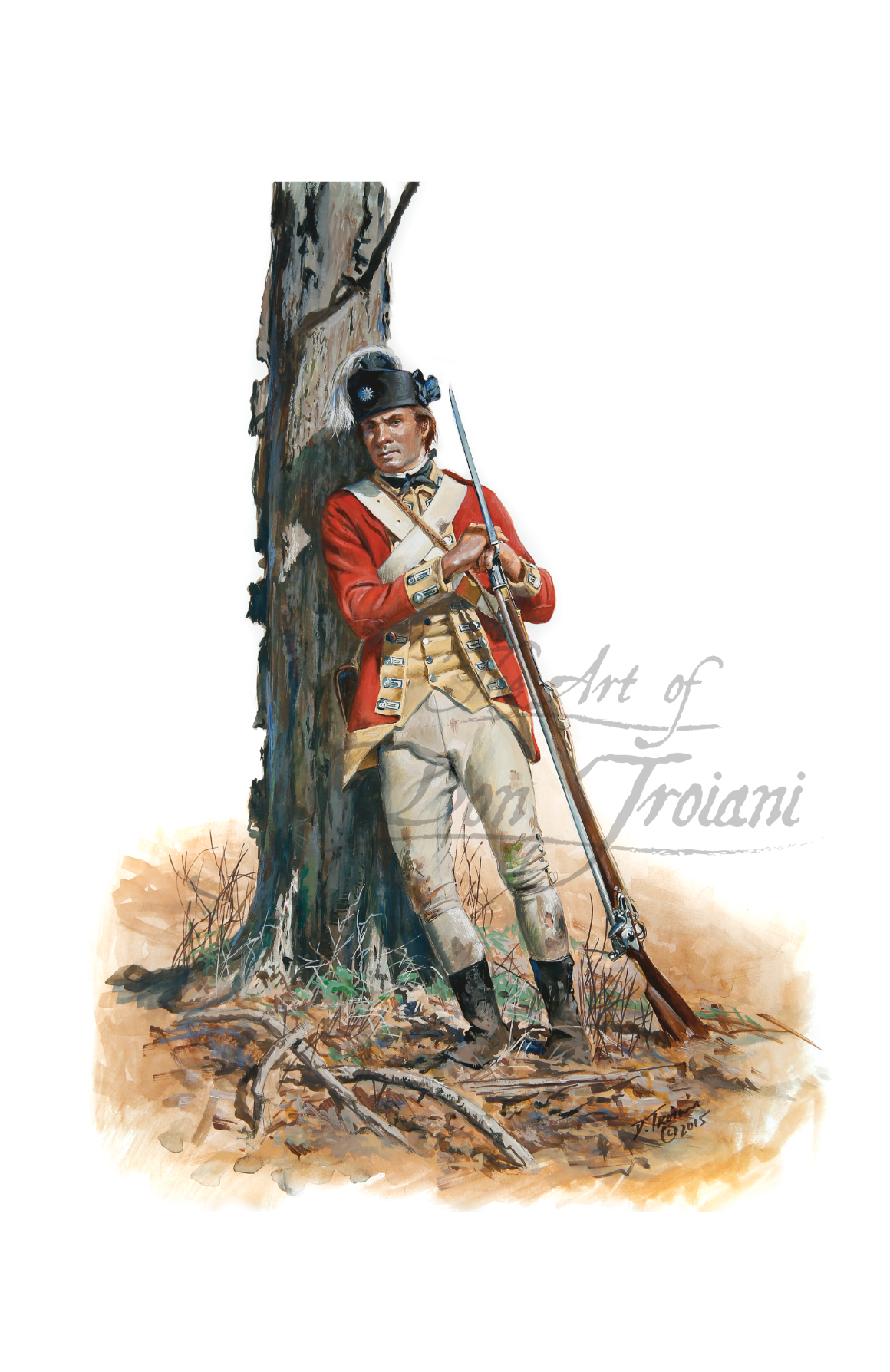 62nd Regiment Of Foot Private. Painting of a British soldier in colonial attire holding a rifle, standing near a tree.