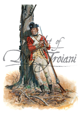 Don Troiani wall art print 62nd Regiment of Foot Private 1777. He is leaning on a tree.