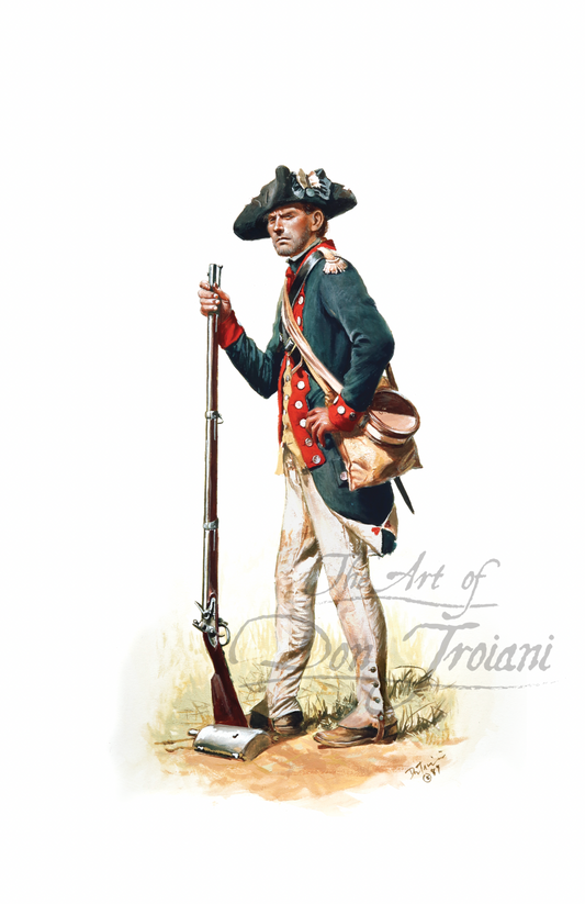 U.S. Continental Infantry. Artistic depiction of a colonial soldier holding a rifle on a white background, with 'Art of Troiani' branding.