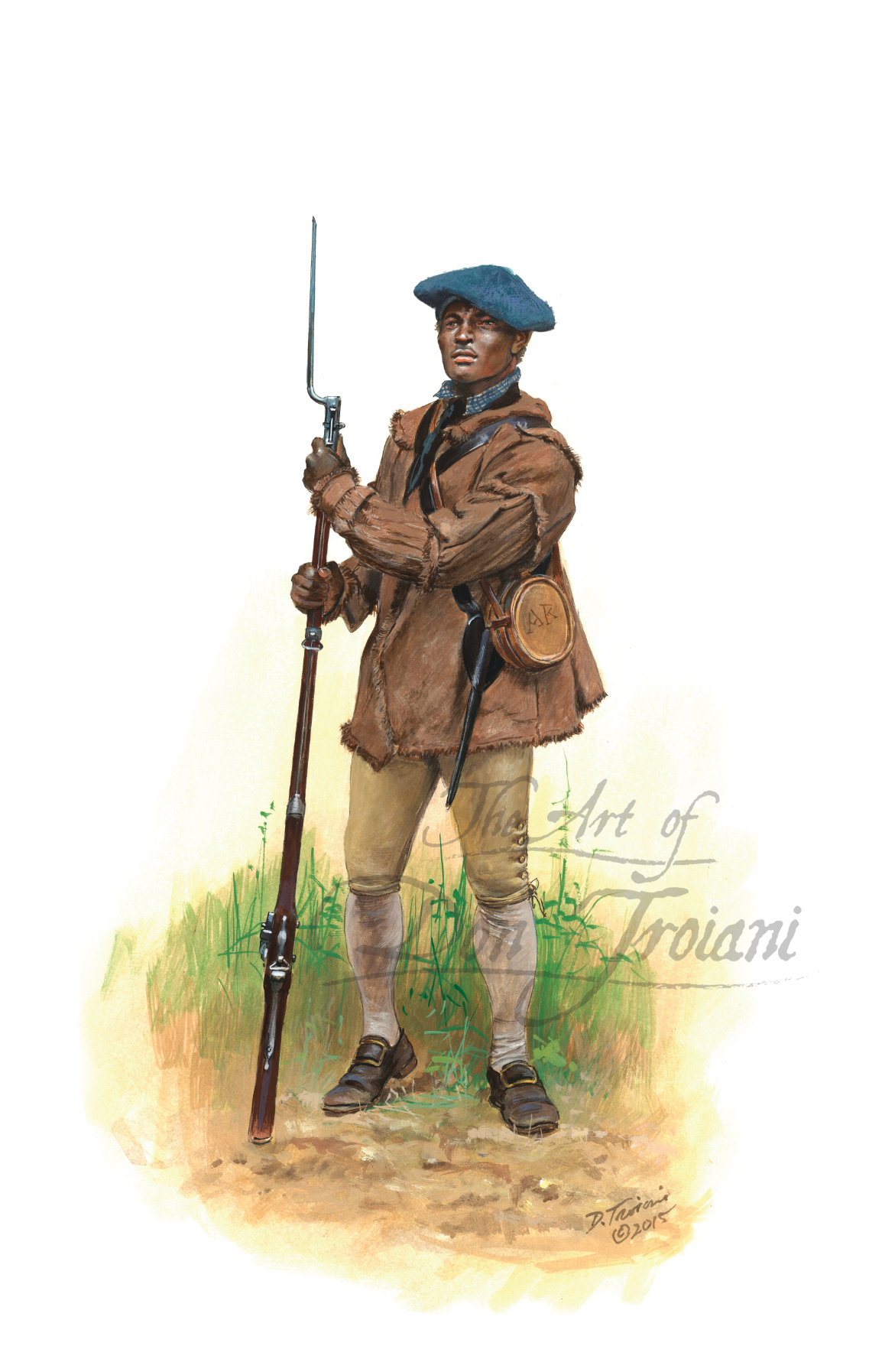 Private. Painting of a Revolutionary War black soldier holding a rifle on a grassy background.