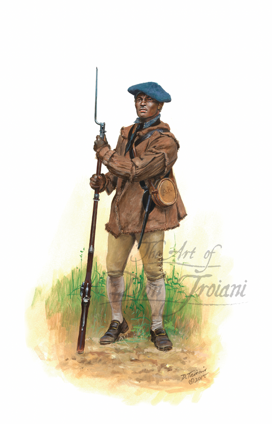 Private. Painting of a Revolutionary War black soldier holding a rifle on a grassy background.