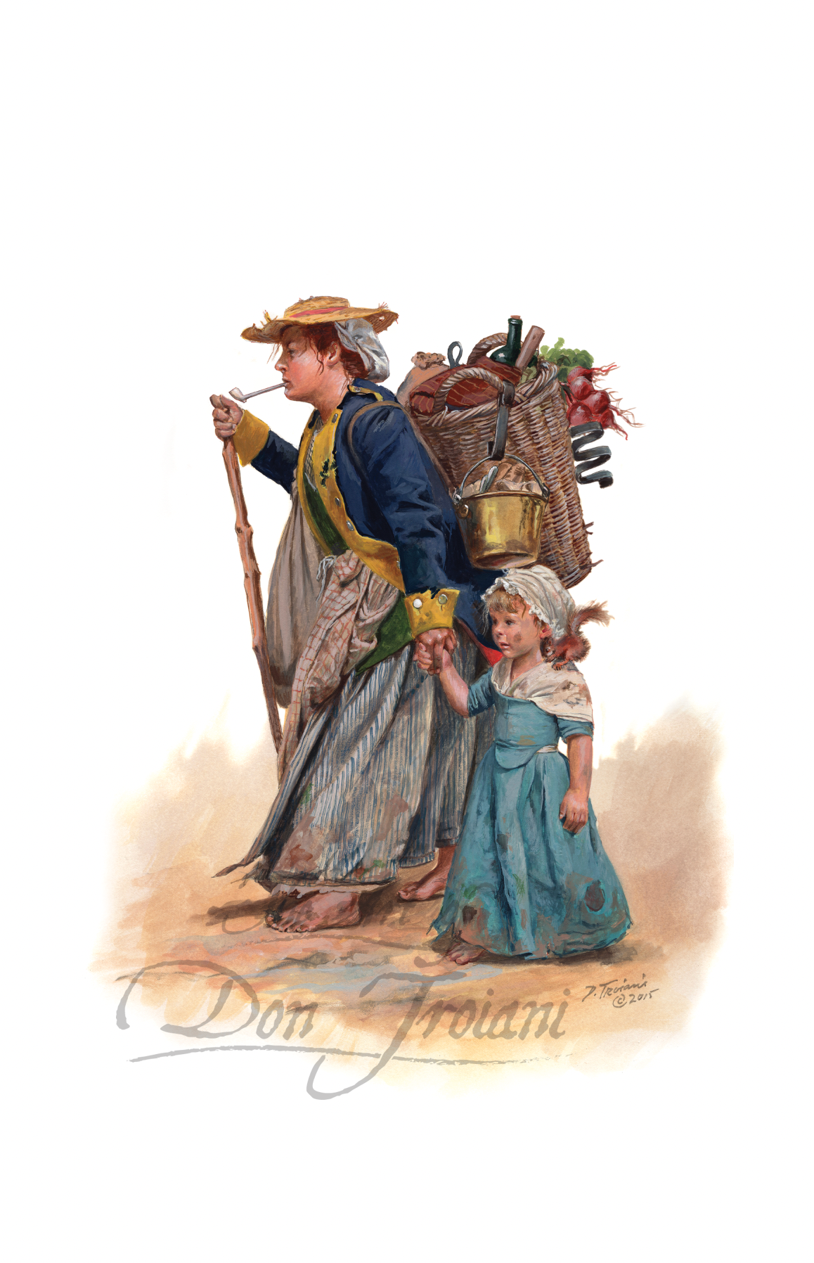 Woman with a child holding hands, walking with a basket of goods on a white background