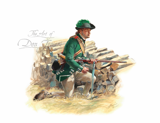 Ferguson's Corps Of British Riflemen. Illustration of a soldier in green uniform with a rifle, sitting on a rock with a landscape in the background.
