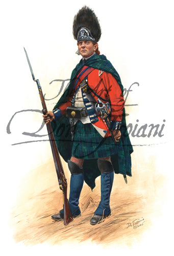 Don Troiani wall art print Sergeant Grenadier Royal Highland Emigrants 2nd Battalion. He is wearing a cape.