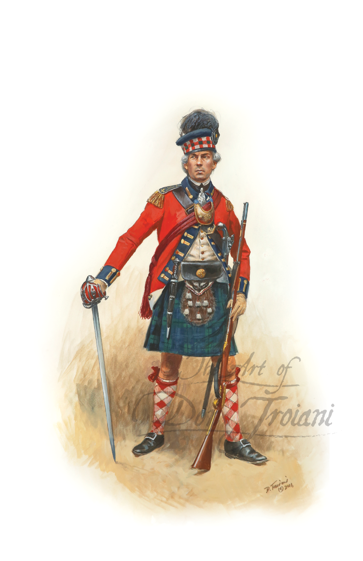 84th Regiment Officer. Illustration of a soldier in historical military uniform with a kilt, sword, and rifle.
