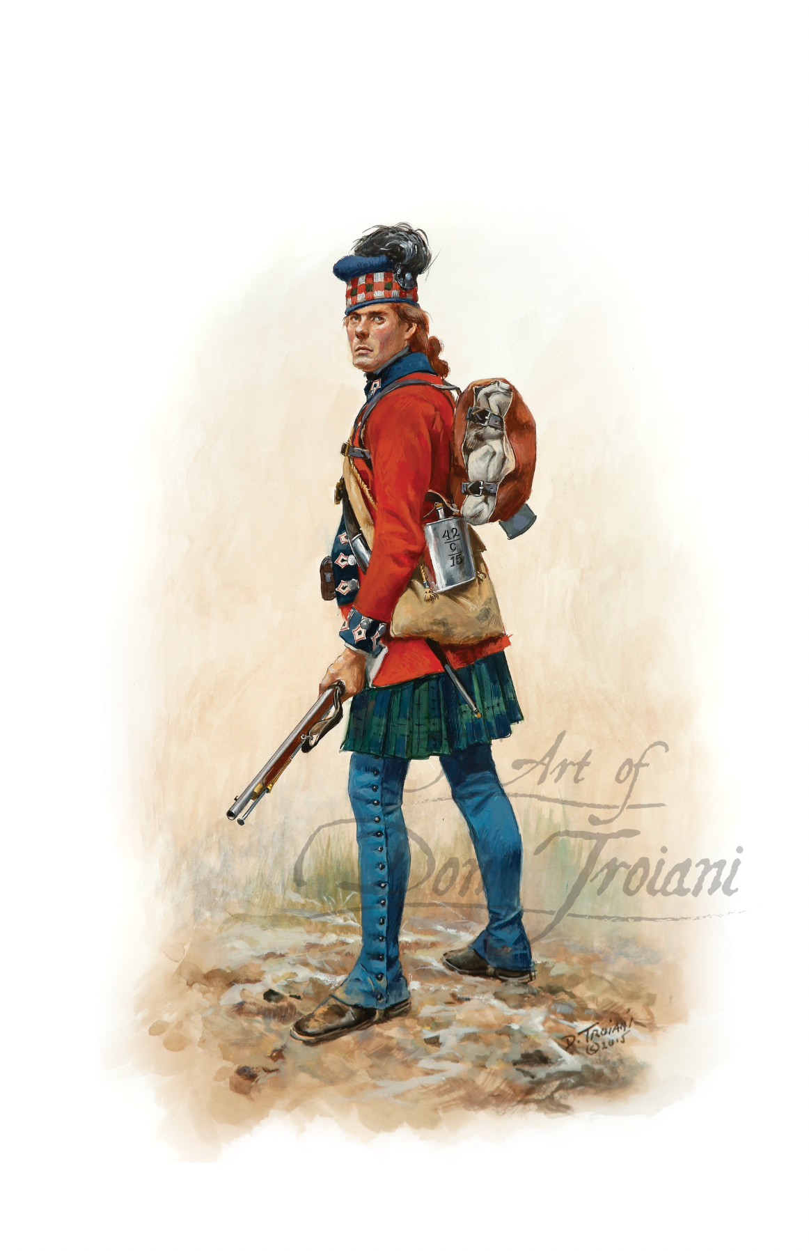 42nd Regiment Of Foot. Artistic depiction of a soldier in historical military uniform with a rifle and backpack.