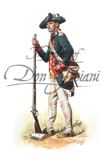 Don Troiani wall art print US Continental Infantry. Soldier is standing with musket. Soldier is wearing blue jacket.