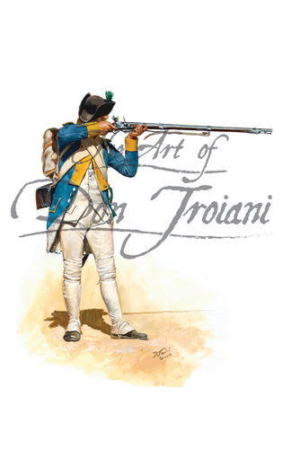 Don Troiani wall art print French Royal Deux Pont Private. Soldier is wearing white uniform with blue jacket. Soldier is aiming musket.