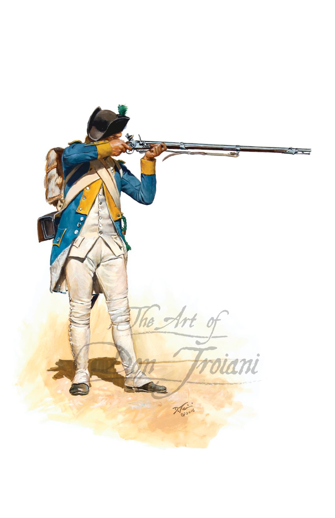 French Royal Deux Pont Private. Artistic depiction of a soldier in historical uniform holding a rifle.