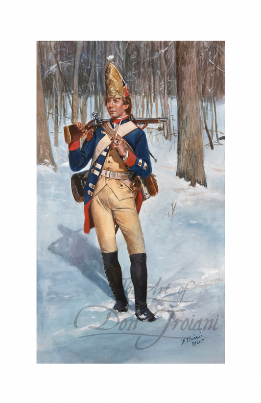 Hessian Regiment Rall Private. Painting of a soldier in colonial attire holding a rifle in a snowy landscape.