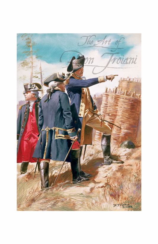 Washington And Rochambeau. Artistic depiction of historical figures in uniforms with a castle in the background.