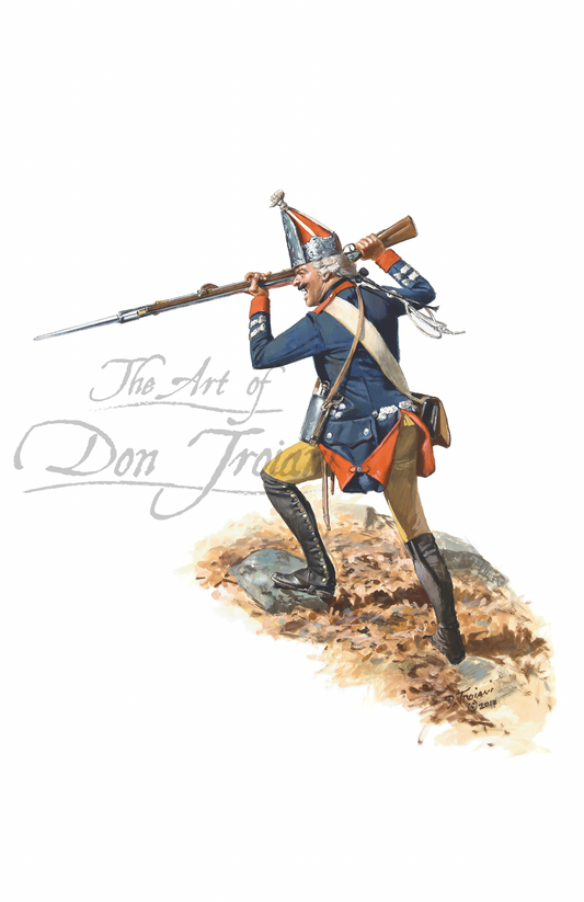 Hesse Kassel. Illustration of a soldier in historical uniform with a rifle, on a white background.