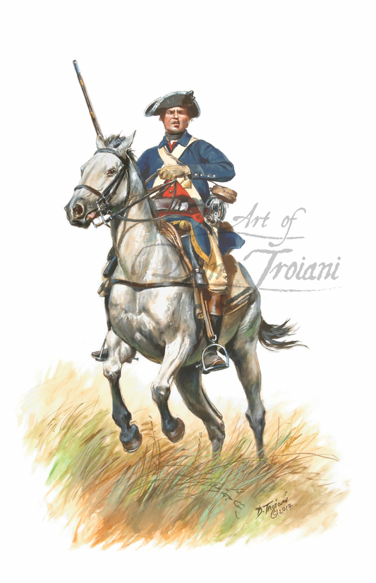 Gentleman Trooper. Artistic depiction of a soldier on horseback with 'Art of Troiani' branding.