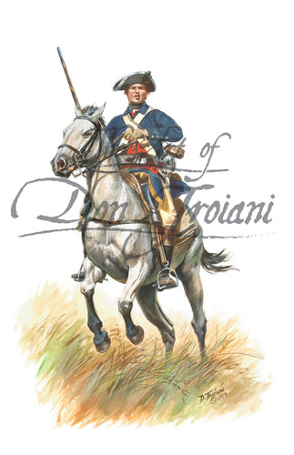 Don Troiani wall art print Gentleman Trooper Backus Regiment of Connecticut. Soldier wearing a blue uniform on a white horse.