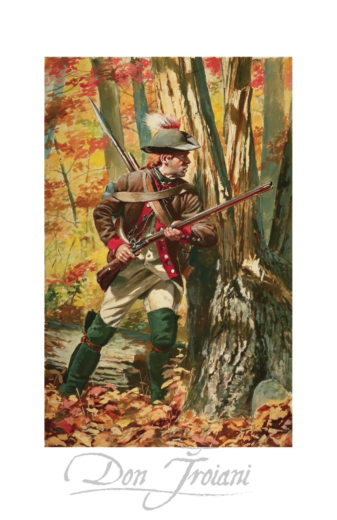 Rifleman. Painting of a Revolutionary War soldier in a forest setting with autumn foliage.