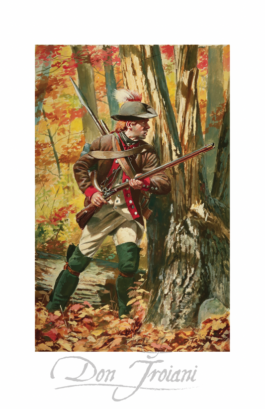 Rifleman. Painting of a Revolutionary War soldier in a forest setting with autumn foliage.