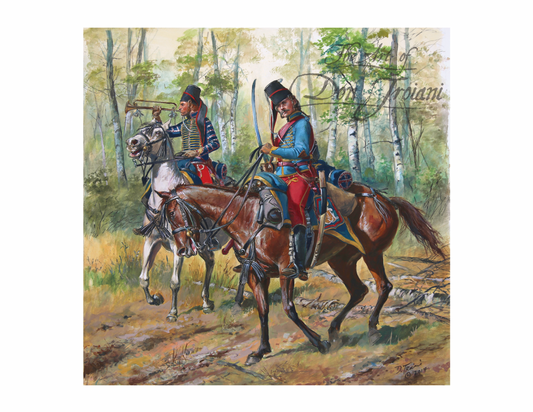 Lauzun Hussars. Painting of two soldiers on horseback in a forest setting.